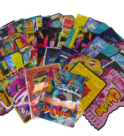 50-Pack 28g Large (6" x 8") Resealable Storage Mylar Pouches – Assorted Designs