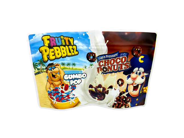 50 Pack 3.5g 2-in-1 Split Dual Graphic Mylar Bags - Fruity Pebbles Cocoa Pebbles | Mylar Kings Packaging