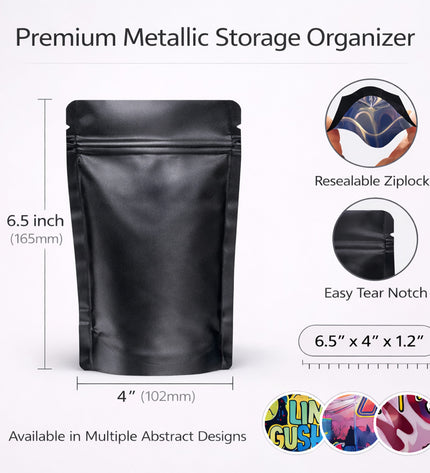 50-Pack 7g Medium (4" x 6.25") Foil Storage Organizer Bags – Assorted Designs