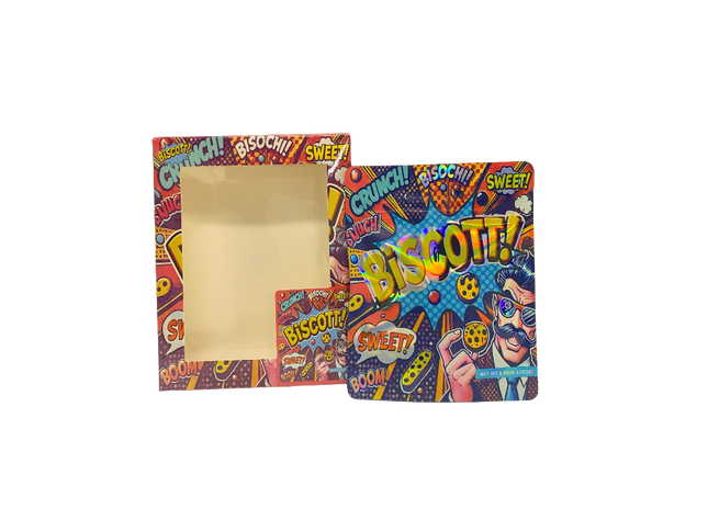25 Pack 3.5g Biscott Shaped Bags & Window Boxes | Mylar Kings
