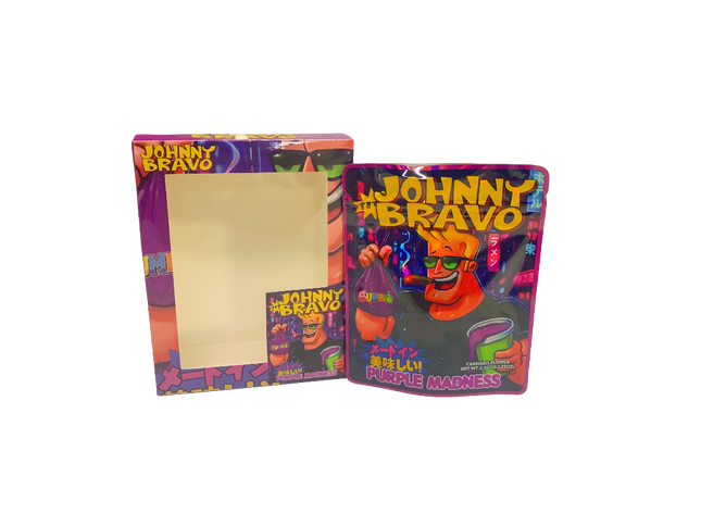 Shop 25 Pack 3.5g Johnny Bravo Shaped Bags & Window Boxes | Mylar Kings