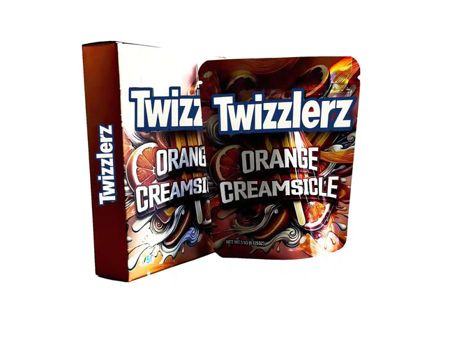 Large mylar bags, herb Mylar Bags, Mylar bag with box, Where to buy mylar bags, Custom mylar bags near me.  Twizzlerz Orange Creamsicle candy packaging on a white background