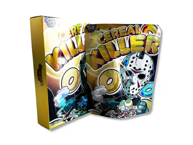 Large mylar bags, herb Mylar Bags, Mylar bag with box, Where to buy mylar bags, Custom mylar bags near me.   Cereal Killer cereal box with a mask design on a white background
