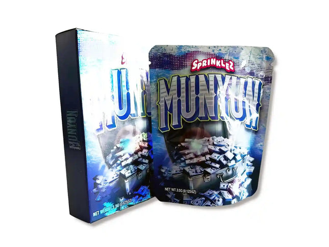 Large mylar bags, herb Mylar Bags, Mylar bag with box, Where to buy mylar bags, Custom mylar bags near me.  Sprinklez Munyun packaging with blue and black design on a white background