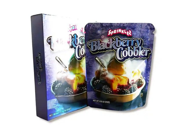 Large mylar bags, herb Mylar Bags, Mylar bag with box, Where to buy mylar bags, Custom mylar bags near me.  Sprinkles Blackberry Cobbler packaging on a white background
