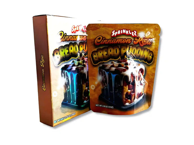 Large mylar bags, herb Mylar Bags, Mylar bag with box, Where to buy mylar bags, Custom mylar bags near me.  Cinnamon Roll Bread Pudding packaging with Sprinkles branding on a white background