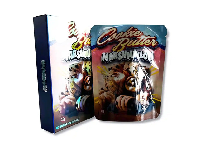 Large mylar bags, herb Mylar Bags, Mylar bag with box, Where to buy mylar bags, Custom mylar bags near me.  Cookie Butter Marshmallow packaging on a white background