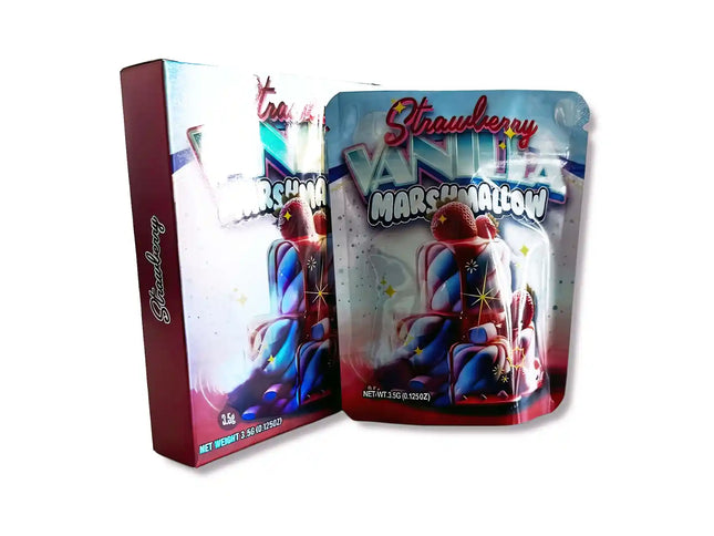 Large mylar bags, herb Mylar Bags, Mylar bag with box, Where to buy mylar bags, Custom mylar bags near me.  Vanity Strawberry Marshmallow packaging with colorful design on a white background