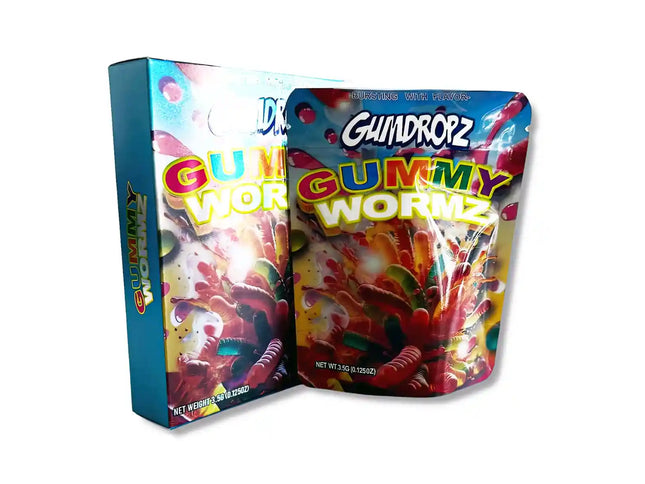 Large mylar bags, herb Mylar Bags, Mylar bag with box, Where to buy mylar bags, Custom mylar bags near me.  Gummy worm candy packaging with colorful design and 'Gumdropz' branding.