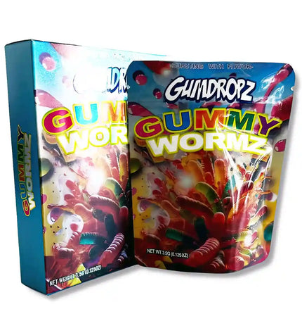 Large mylar bags, herb Mylar Bags, Mylar bag with box, Where to buy mylar bags, Custom mylar bags near me.  Gummy worm candy packaging with colorful design and 'Gumdropz' branding.
