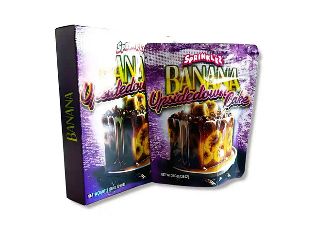 Large mylar bags, herb Mylar Bags, Mylar bag with box, Where to buy mylar bags, Custom mylar bags near me.  Sprinkles packaging for Banana Upside down Cake flavor on a white background