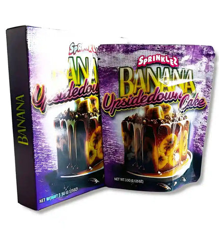 Large mylar bags, herb Mylar Bags, Mylar bag with box, Where to buy mylar bags, Custom mylar bags near me.  Sprinkles packaging for Banana Upside down Cake flavor on a white background