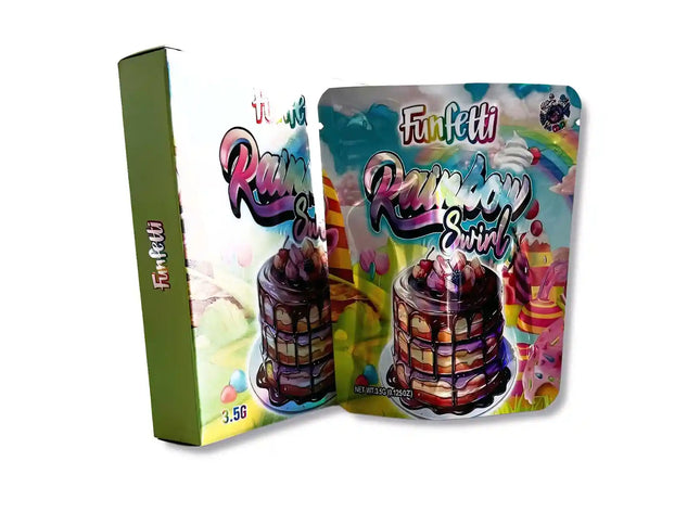 Large mylar bags, herb Mylar Bags, Mylar bag with box, Where to buy mylar bags, Custom mylar bags near me. Colorful packaging of Funfetti Rainbow Swirl candy with a white background