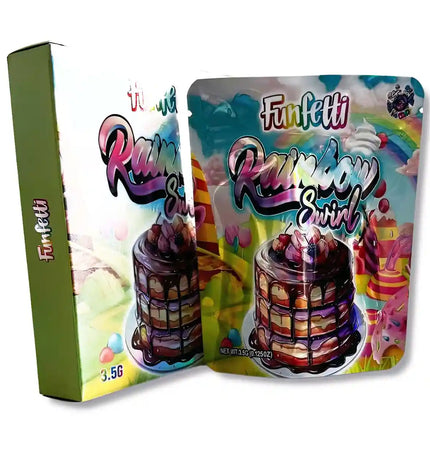 Large mylar bags, herb Mylar Bags, Mylar bag with box, Where to buy mylar bags, Custom mylar bags near me. Colorful packaging of Funfetti Rainbow Swirl candy with a white background