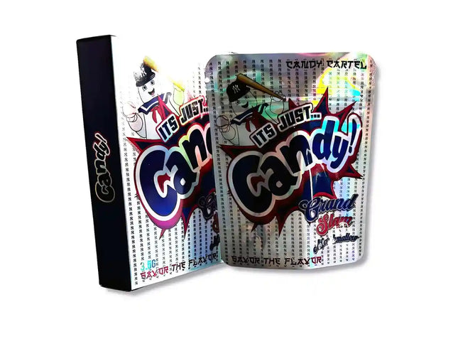 Large mylar bags, herb Mylar Bags, Mylar bag with box, Where to buy mylar bags, Custom mylar bags near me. Candy brand packaging with colorful design and text on a white background