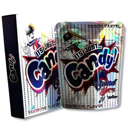 Large mylar bags, herb Mylar Bags, Mylar bag with box, Where to buy mylar bags, Custom mylar bags near me. Candy brand packaging with colorful design and text on a white background
