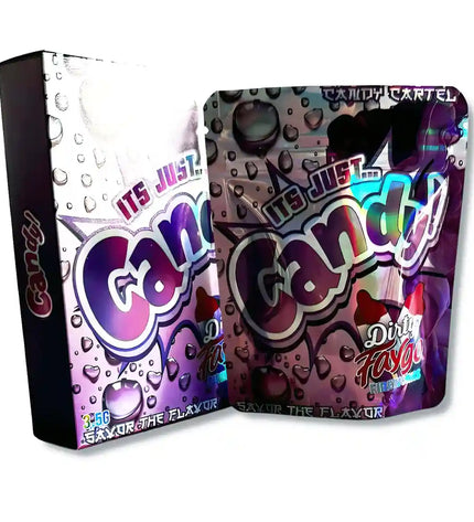 Large mylar bags, herb Mylar Bags, Mylar bag with box, Where to buy mylar bags, Custom mylar bags near me.  Candy brand packaging with colorful design on a white background