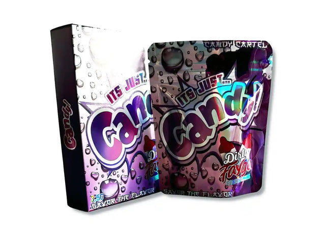 Large mylar bags, herb Mylar Bags, Mylar bag with box, Where to buy mylar bags, Custom mylar bags near me.  Candy brand packaging with colorful design on a white background