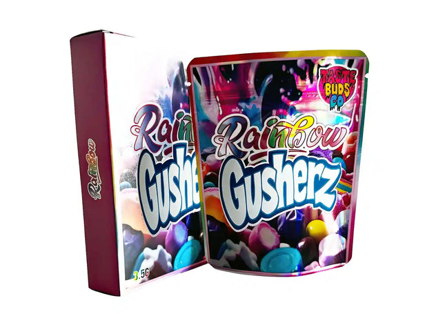 Large mylar bags, herb Mylar Bags, Mylar bag with box, Where to buy mylar bags, Custom mylar bags near me. Open packaging of Rainbow Gushers candy with colorful design and text.