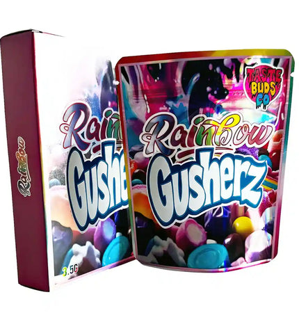 Large mylar bags, herb Mylar Bags, Mylar bag with box, Where to buy mylar bags, Custom mylar bags near me. Open packaging of Rainbow Gushers candy with colorful design and text.