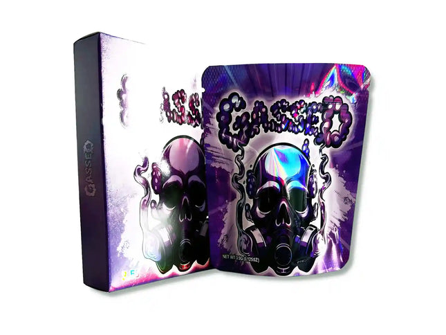 Large mylar bags, herb Mylar Bags, Mylar bag with box, Where to buy mylar bags, Custom mylar bags near me. Gasseo product packaging with skull design on a white background