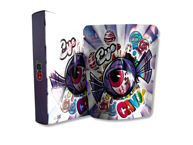 Large mylar bags, herb Mylar Bags, Mylar bag with box, Where to buy mylar bags, Custom mylar bags near me. Colorful candy packaging with 'Candy' text and cartoon character on a white background