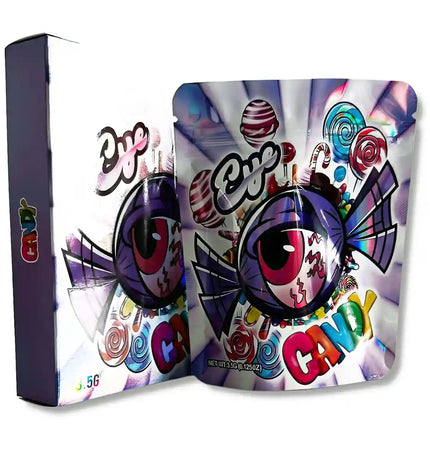 Large mylar bags, herb Mylar Bags, Mylar bag with box, Where to buy mylar bags, Custom mylar bags near me. Colorful candy packaging with 'Candy' text and cartoon character on a white background