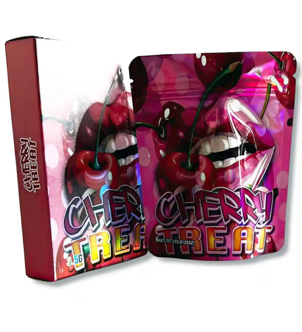 Large mylar bags, herb Mylar Bags, Mylar bag with box, Where to buy mylar bags, Custom mylar bags near me. Two 'Cherry Treat' packages with cherries and colorful text on a white background