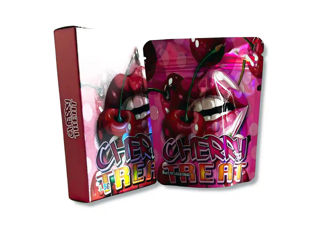 Large mylar bags, herb Mylar Bags, Mylar bag with box, Where to buy mylar bags, Custom mylar bags near me. Two 'Cherry Treat' packages with cherries and colorful text on a white background
