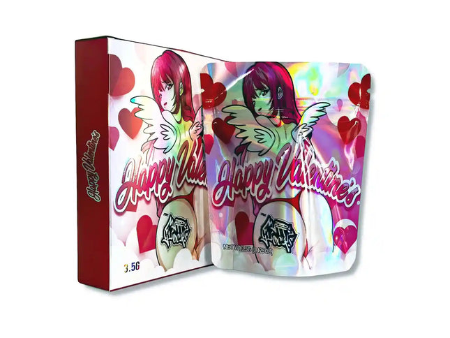Large mylar bags, herb Mylar Bags, Mylar bag with box, Where to buy mylar bags, Custom mylar bags near me. Valentine's Day-themed product packaging with anime-style characters and hearts.