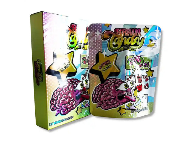 Large mylar bags, herb Mylar Bags, Mylar bag with box, Where to buy mylar bags, Custom mylar bags near me. Colorful packaging of Brain Candy with cartoon brain design on a white background