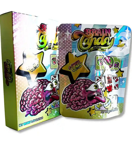 Large mylar bags, herb Mylar Bags, Mylar bag with box, Where to buy mylar bags, Custom mylar bags near me. Colorful packaging of Brain Candy with cartoon brain design on a white background