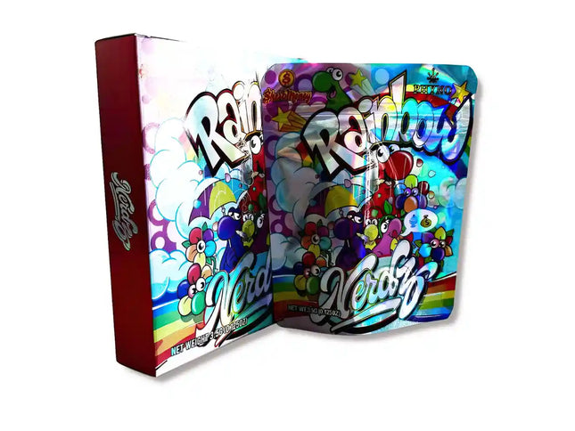Large mylar bags, herb Mylar Bags, Mylar bag with box, Where to buy mylar bags, Custom mylar bags near me. Colorful packaging with cartoon characters and brand names on a white background
