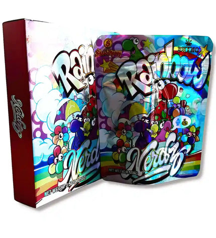 Large mylar bags, herb Mylar Bags, Mylar bag with box, Where to buy mylar bags, Custom mylar bags near me. Colorful packaging with cartoon characters and brand names on a white background