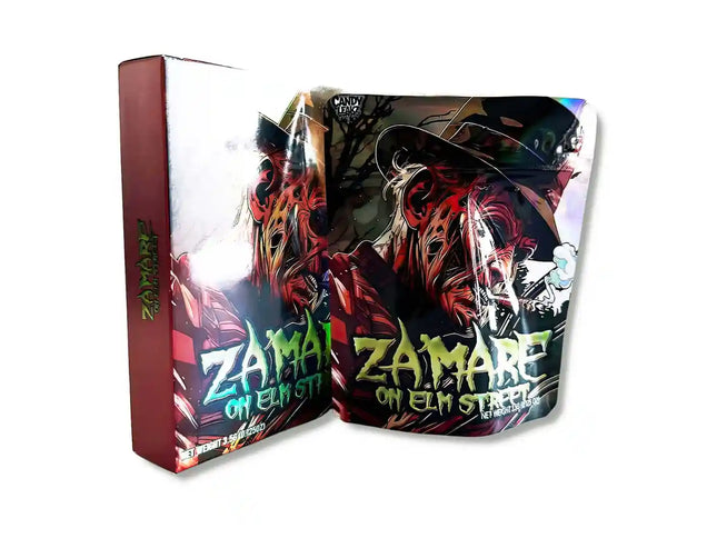 Large mylar bags, herb Mylar Bags, Mylar bag with box, Where to buy mylar bags, Custom mylar bags near me.  Zama on Elm Street packaging with colorful design and text