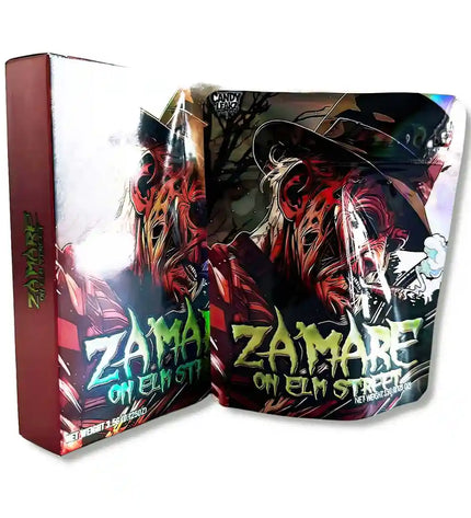 Large mylar bags, herb Mylar Bags, Mylar bag with box, Where to buy mylar bags, Custom mylar bags near me.  Zama on Elm Street packaging with colorful design and text