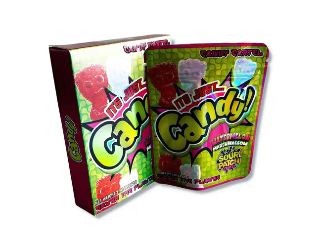 Large mylar bags, herb Mylar Bags, Mylar bag with box, Where to buy mylar bags, Custom mylar bags near me.  Two colorful candy packages with 'It's Just Candy!' branding on a white background.