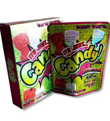 Large mylar bags, herb Mylar Bags, Mylar bag with box, Where to buy mylar bags, Custom mylar bags near me.  Two colorful candy packages with 'It's Just Candy!' branding on a white background.