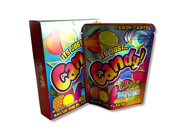 Large mylar bags, herb Mylar Bags, Mylar bag with box, Where to buy mylar bags, Custom mylar bags near me. Colorful candy packaging with 'Candy Cartel' branding on a white background
