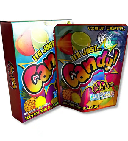 Large mylar bags, herb Mylar Bags, Mylar bag with box, Where to buy mylar bags, Custom mylar bags near me. Colorful candy packaging with 'Candy Cartel' branding on a white background