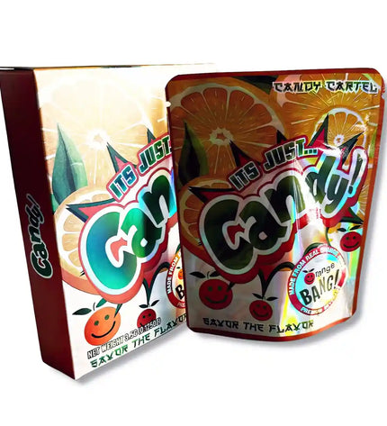Large mylar bags, herb Mylar Bags, Mylar bag with box, Where to buy mylar bags, Custom mylar bags near me.  Two colorful candy packages with 'Candy Cartel' branding on a white background