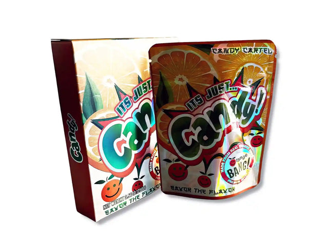 Large mylar bags, herb Mylar Bags, Mylar bag with box, Where to buy mylar bags, Custom mylar bags near me.  Two colorful candy packages with 'Candy Cartel' branding on a white background