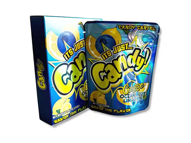 Large mylar bags, herb Mylar Bags, Mylar bag with box, Where to buy mylar bags, Custom mylar bags near me. Candy packaging with blue and yellow design on a white background