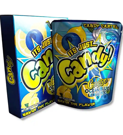 Large mylar bags, herb Mylar Bags, Mylar bag with box, Where to buy mylar bags, Custom mylar bags near me. Candy packaging with blue and yellow design on a white background