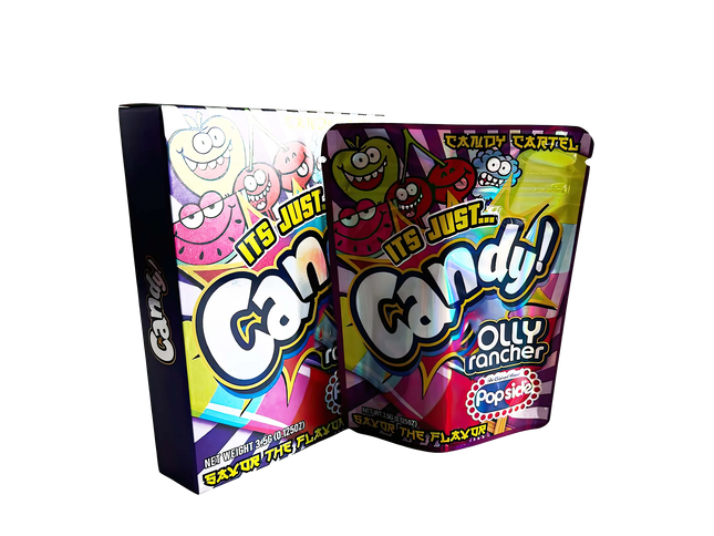 25 Pack 3.5g Mylar Bags with Boxes – Fruit Candy Graphic