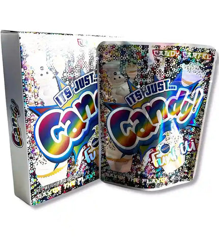 Large mylar bags, herb Mylar Bags, Mylar bag with box, Where to buy mylar bags, Custom mylar bags near me. Gummy candy packaging with colorful text and graphics on a white background