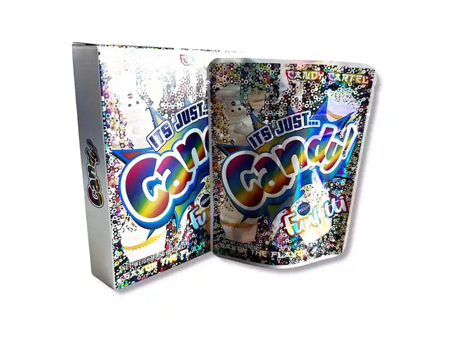 Large mylar bags, herb Mylar Bags, Mylar bag with box, Where to buy mylar bags, Custom mylar bags near me. Gummy candy packaging with colorful text and graphics on a white background