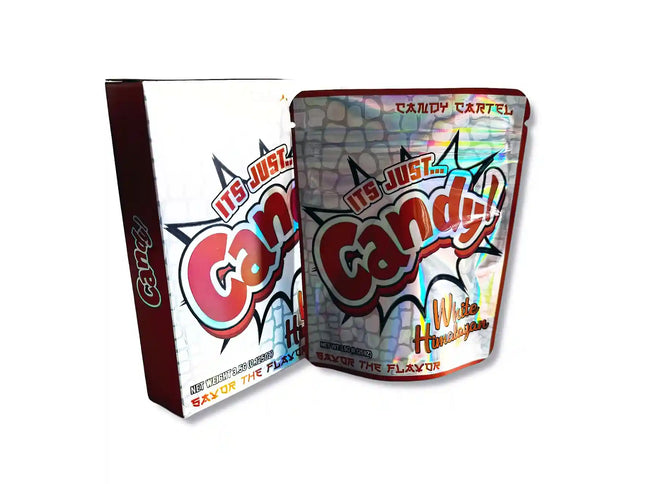 Large mylar bags, herb Mylar Bags, Mylar bag with box, Where to buy mylar bags, Custom mylar bags near me. Candy Cartel packaging with colorful text and logo on a white background