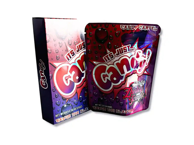 Large mylar bags, herb Mylar Bags, Mylar bag with box, Where to buy mylar bags, Custom mylar bags near me. Gandi candy packaging with vibrant colors on a white background