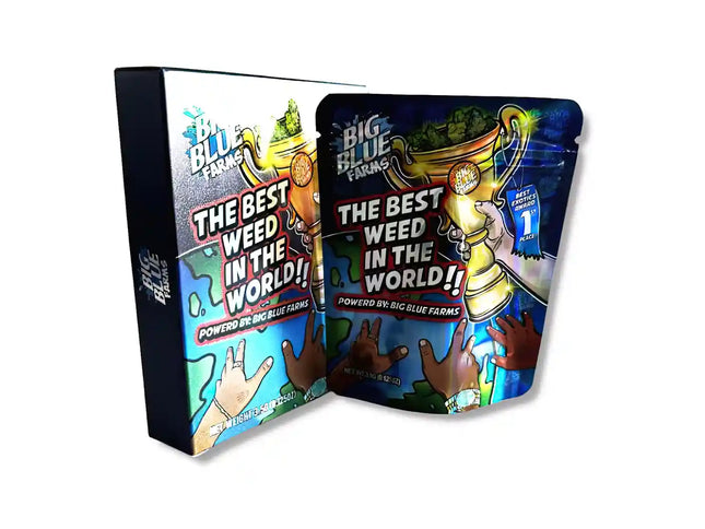 Large mylar bags, herb Mylar Bags, Mylar bag with box, Where to buy mylar bags, Custom mylar bags near me. Big Blue Farms packaging with a trophy and text 'The Best Weed in the World' on a white background